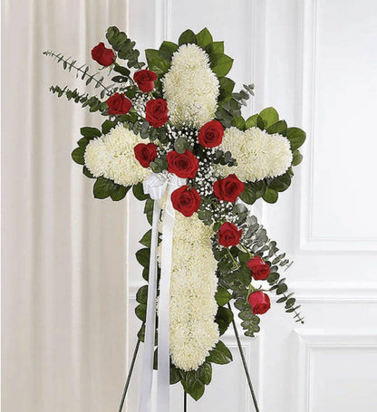 Red & White Standing Cross With Red Rose Break