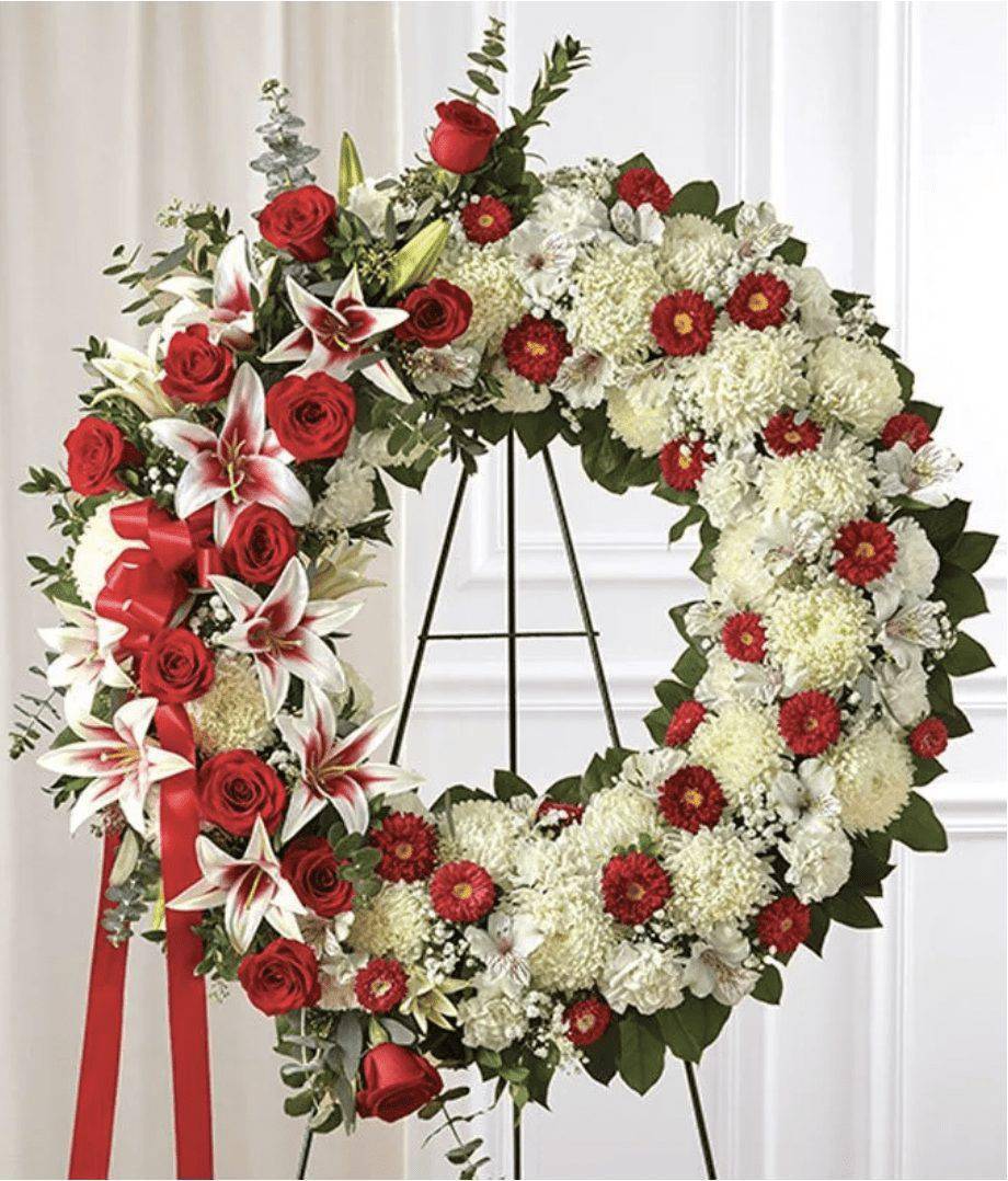 Red & White Circle Funeral Wreath