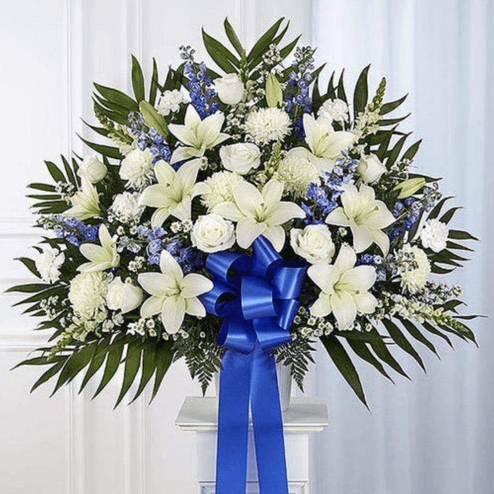 Blue & White Funeral Standing Basket - DGM Flowers  | Fort Lauderdale Florist