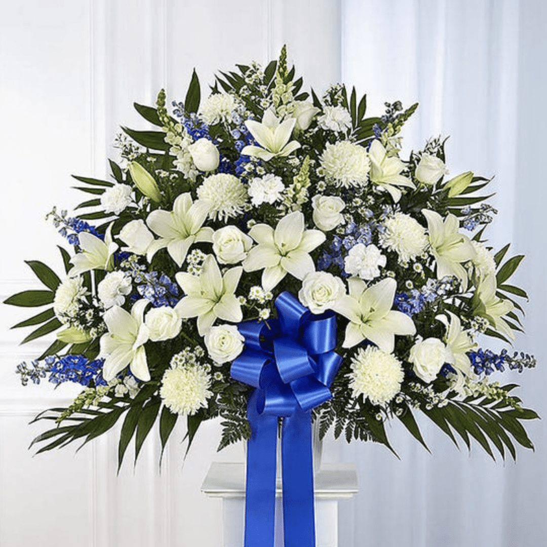 Blue & White Funeral Standing Basket - DGM Flowers  | Fort Lauderdale Florist