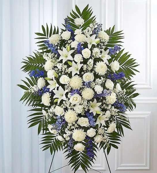 Blue & White Sympathy Standing Spray - DGM Flowers  | Fort Lauderdale Florist