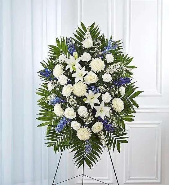 Blue & White Sympathy Standing Spray - DGM Flowers  | Fort Lauderdale Florist