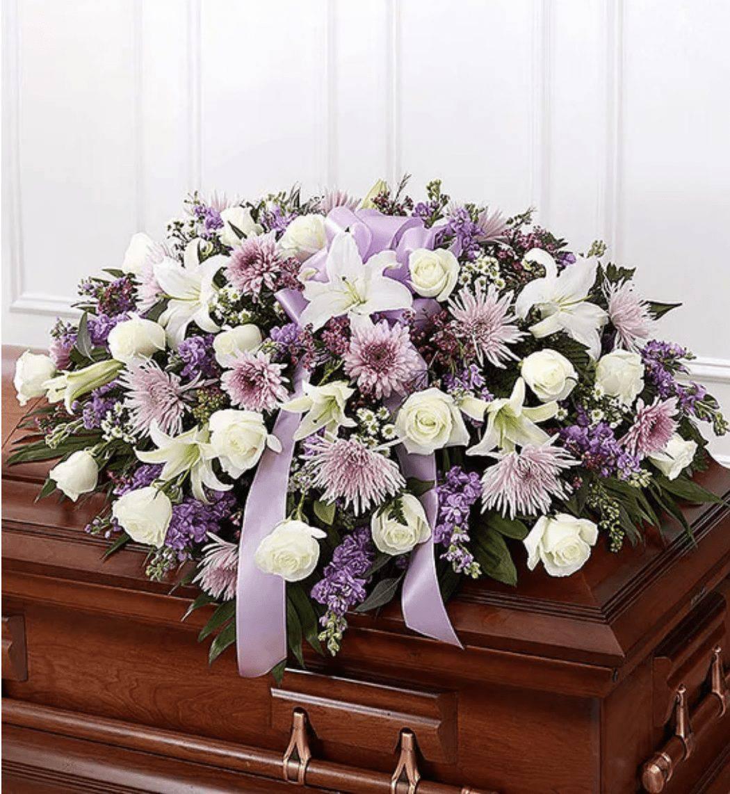 Lavender & White Mixed Half Casket Cover - DGM Flowers  | Fort Lauderdale Florist