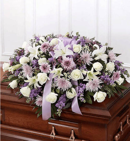 Lavender & White Mixed Half Casket Cover - DGM Flowers  | Fort Lauderdale Florist