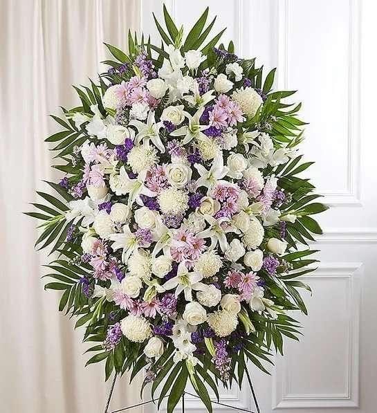 Lavender & White Sympathy Standing Spray - DGM Flowers  | Fort Lauderdale Florist