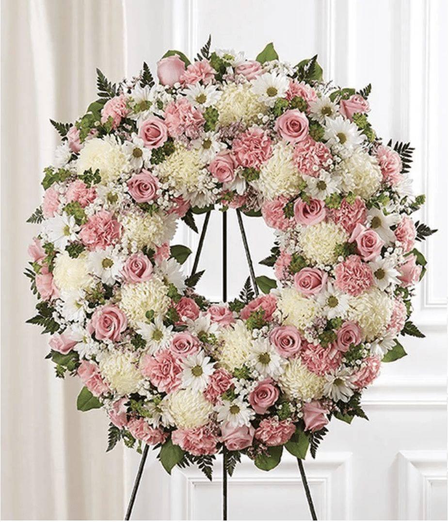 Pink & White Circle Standing Wreath - DGM Flowers  | Fort Lauderdale Florist