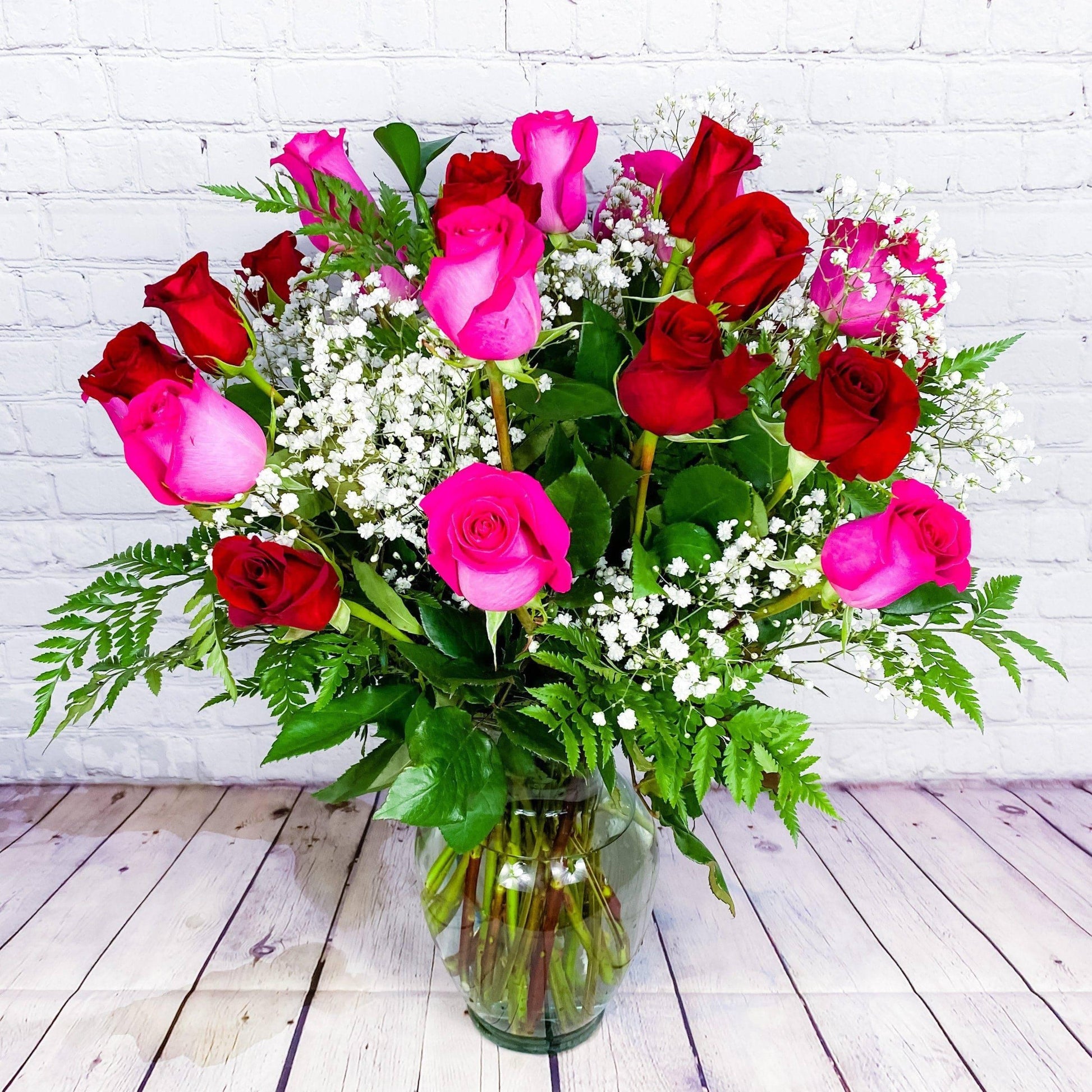 One Dozen Pink Roses with Baby's breath and Green- Fresh Flower Delivery