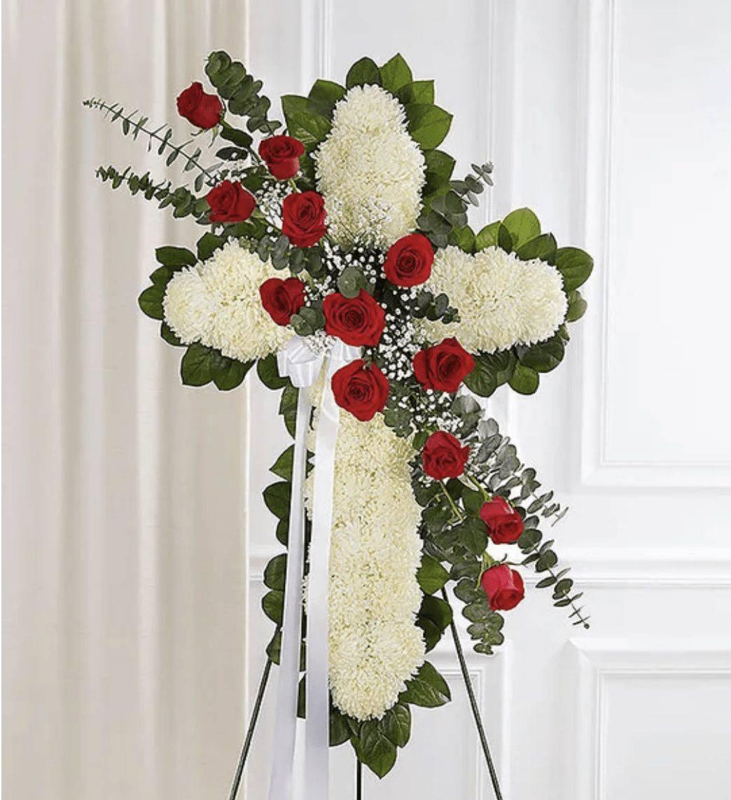 Red & White Standing Cross With Red Rose Break - DGM Flowers  | Fort Lauderdale Florist