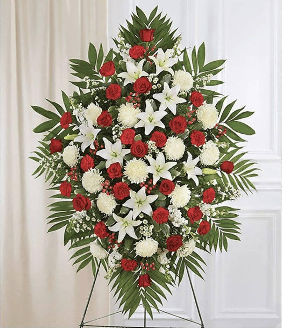 Red & White Sympathy Standing Spray - DGM Flowers  | Fort Lauderdale Florist