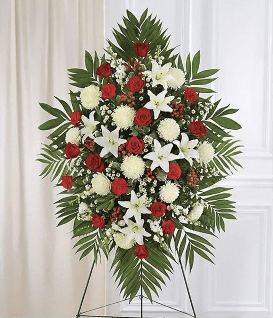 Red & White Sympathy Standing Spray - DGM Flowers  | Fort Lauderdale Florist
