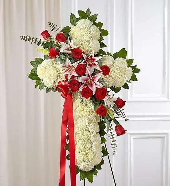 Red Rose & Lily Standing Cross - DGM Flowers  | Fort Lauderdale Florist