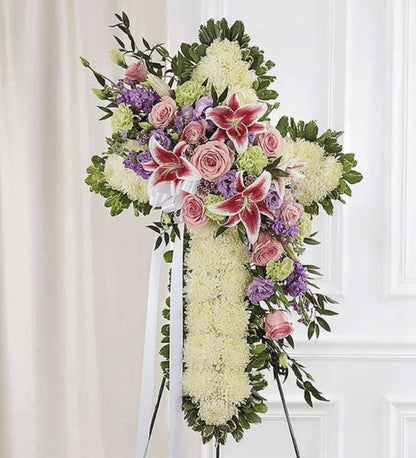 White and Pastel Cross Standing Spray - DGM Flowers  | Fort Lauderdale Florist