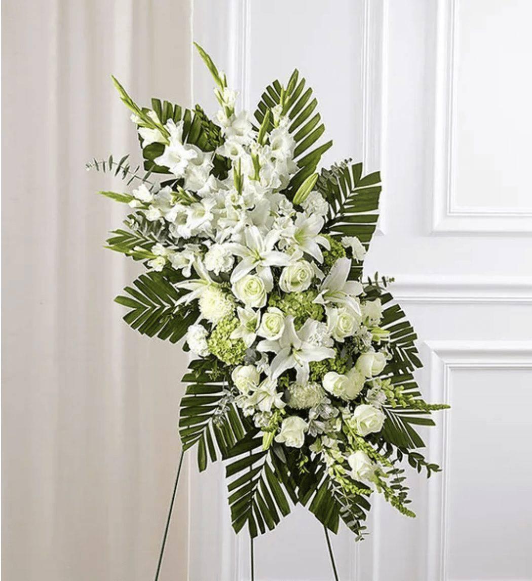 White Rose & Lily Sympathy Standing Spray - DGM Flowers  | Fort Lauderdale Florist
